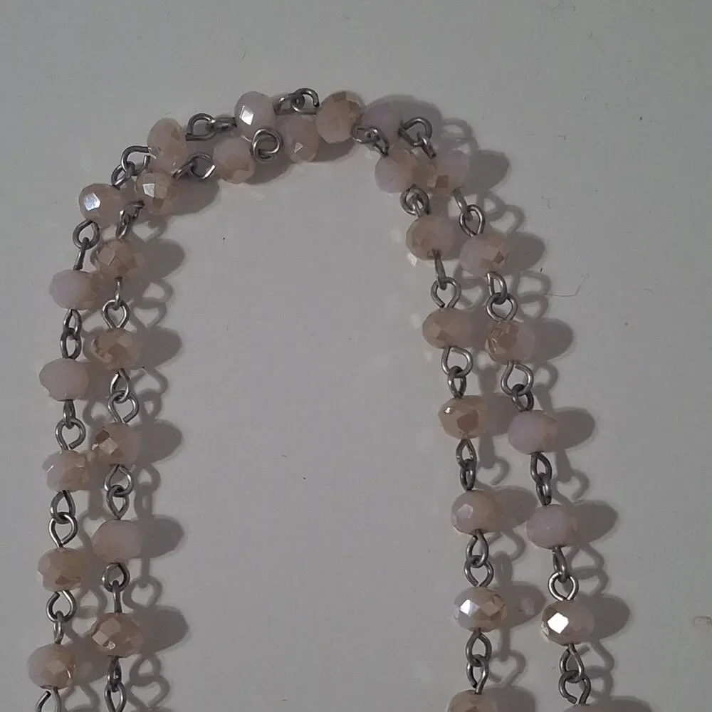 Multi Strand Pink Beaded Silver Tone Chain Tassel Y Drop Lariat Necklace